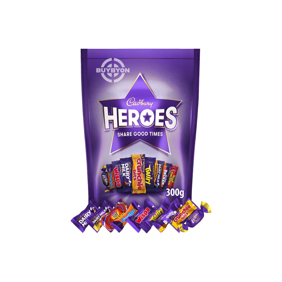 Cadbury Heroes Pouch - 300g featuring a variety of mini Cadbury chocolates, perfect for sharing and indulging in festive treats.