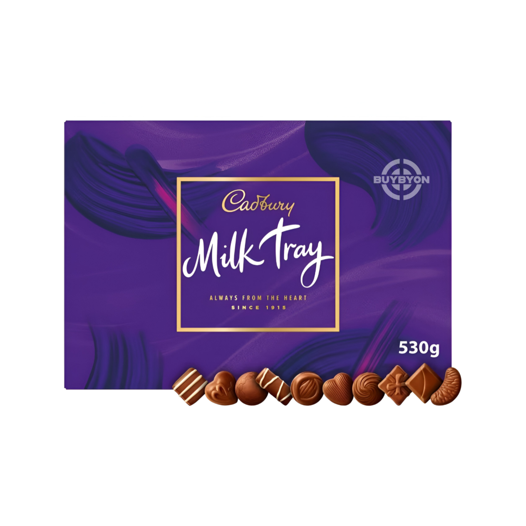 Cadbury Milk Tray Box - 530g showcasing a delightful assortment of chocolates in an elegant gift box.