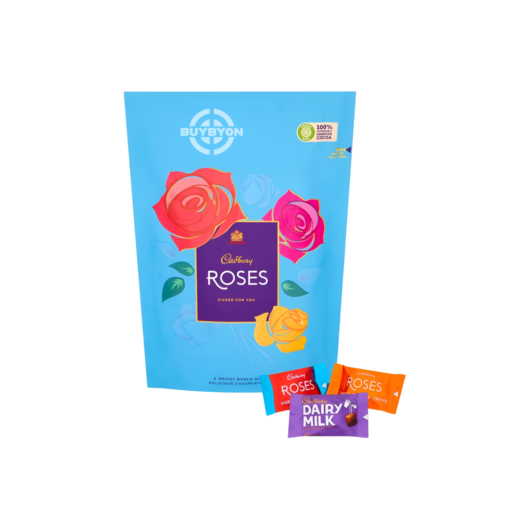 Cadbury Roses Pouch - 300g featuring a variety of individually wrapped chocolates, perfect for sharing and gifting during festive occasions.