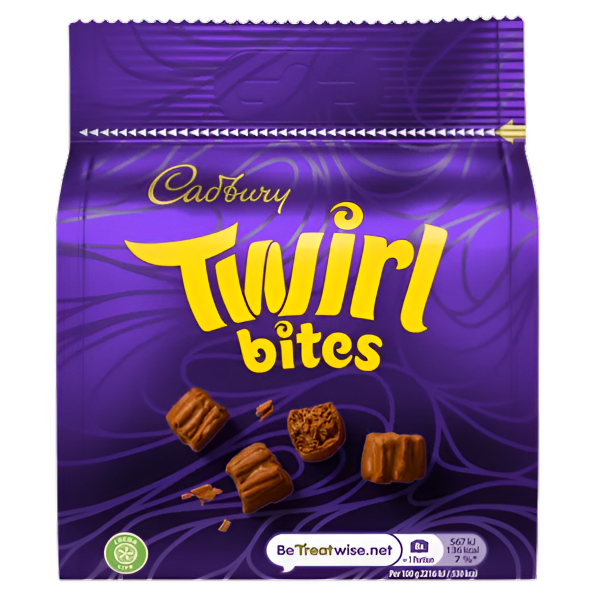 Cadbury Twirl Bites Chocolate Bag - 85g featuring bite-sized flaked chocolate pieces in a resealable bag.