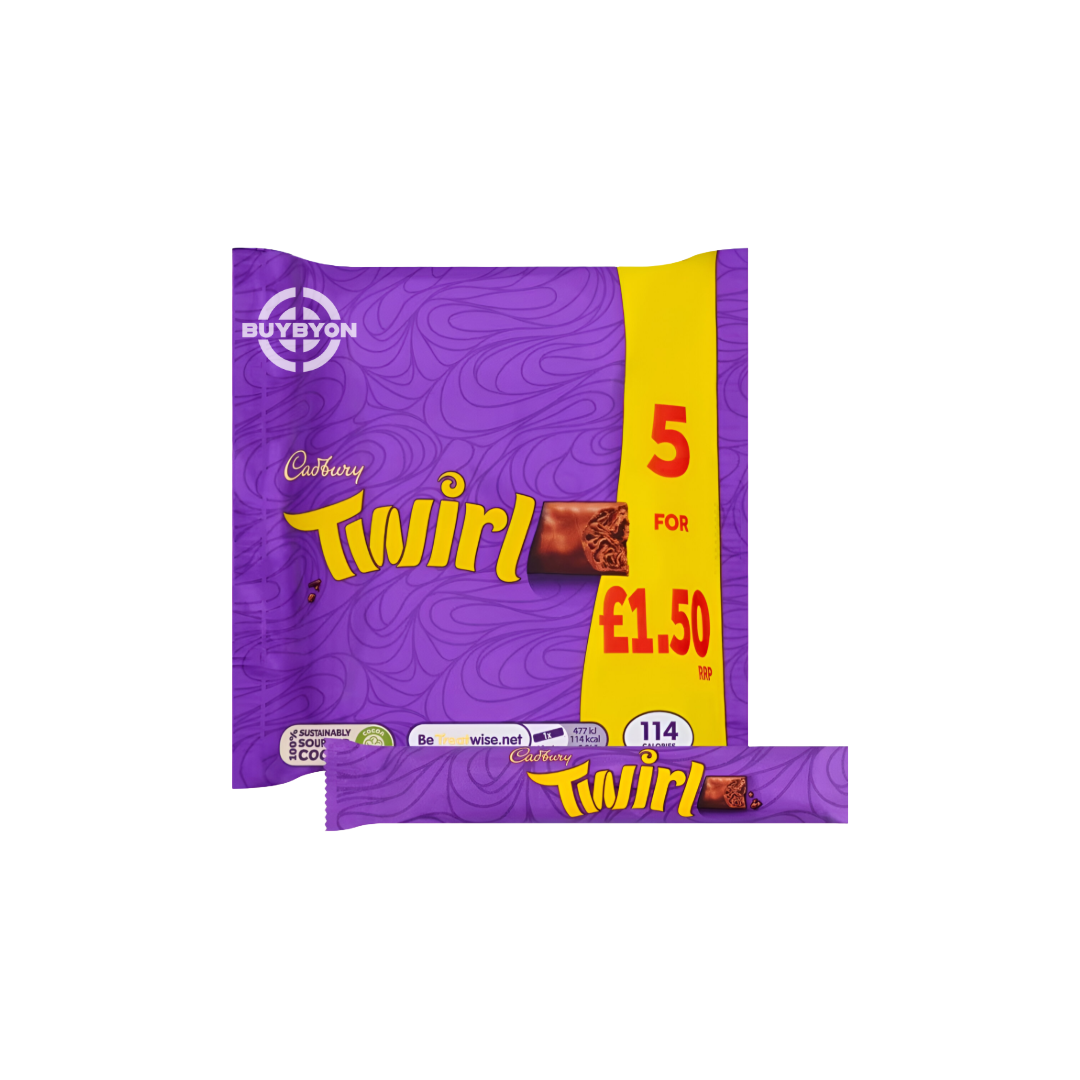 Cadbury Twirl Chocolate Bar 5 Pack - 107.5g showcasing smooth milk chocolate bars in a convenient pack.