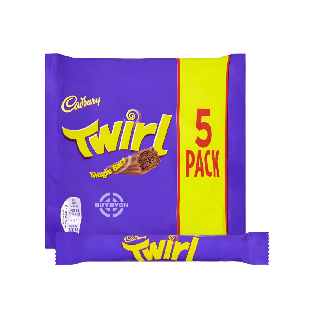 Cadbury Twirl Milk Chocolate Bar 5 Pack - 107.5g showcasing smooth milk chocolate bars in a convenient pack.