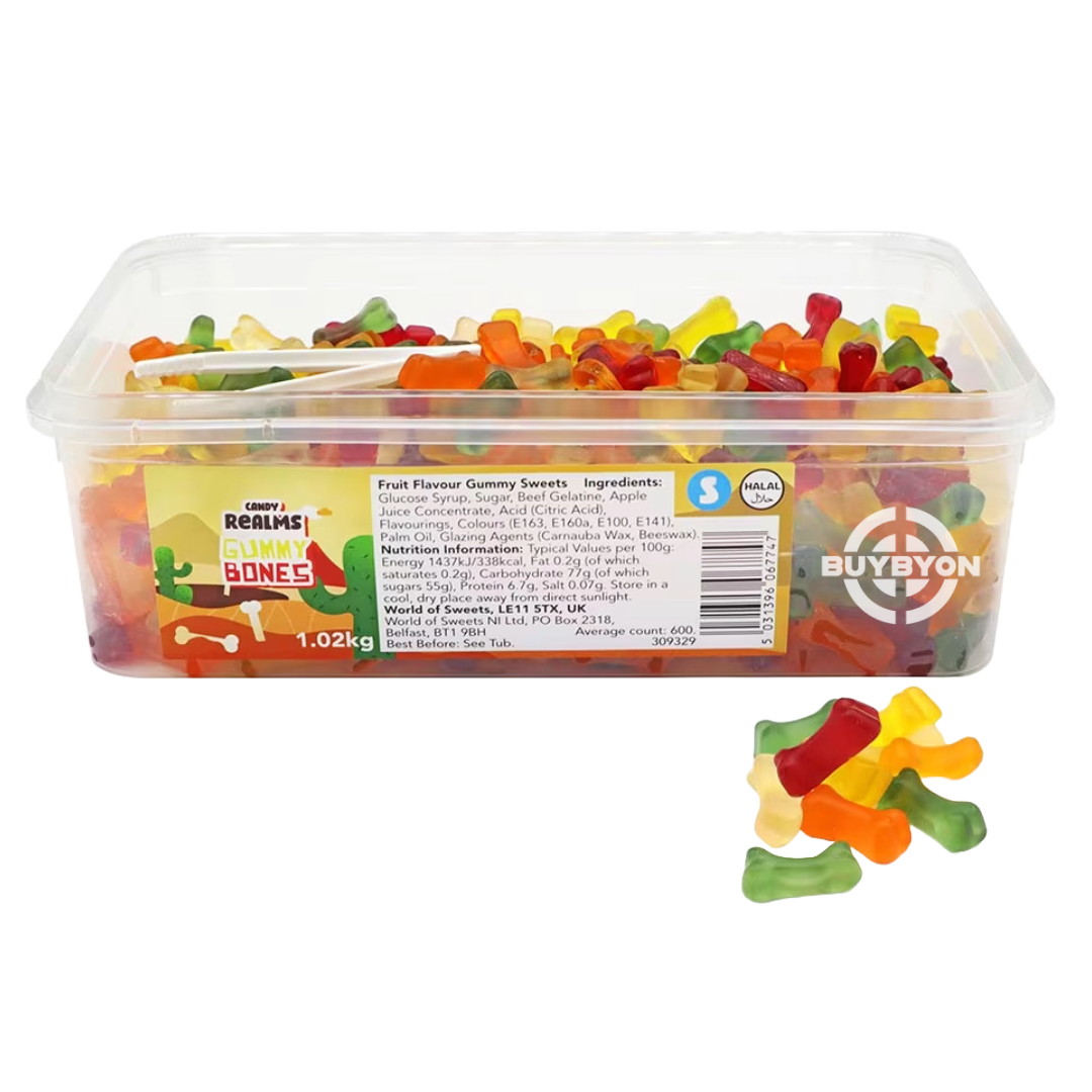 Candy Realms Gummy Bones – 1.02kg tub filled with chewy, bone-shaped gummy candies in vibrant colors, perfect for Halloween treats and sweet snacking.