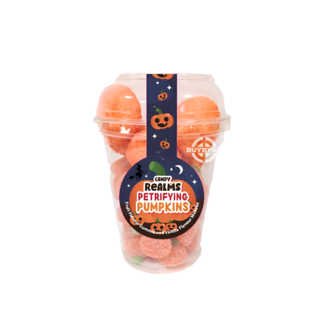 Candy Realms Petrifying Pumpkins Candy Cup - 230g featuring pumpkin-shaped candies in a festive Halloween-themed cup.