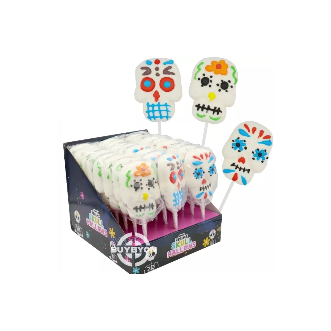 Candy Realms Skull Mallow Pops – 40g featuring spooky skull-shaped marshmallow pops, perfect for Halloween treats and party favors.