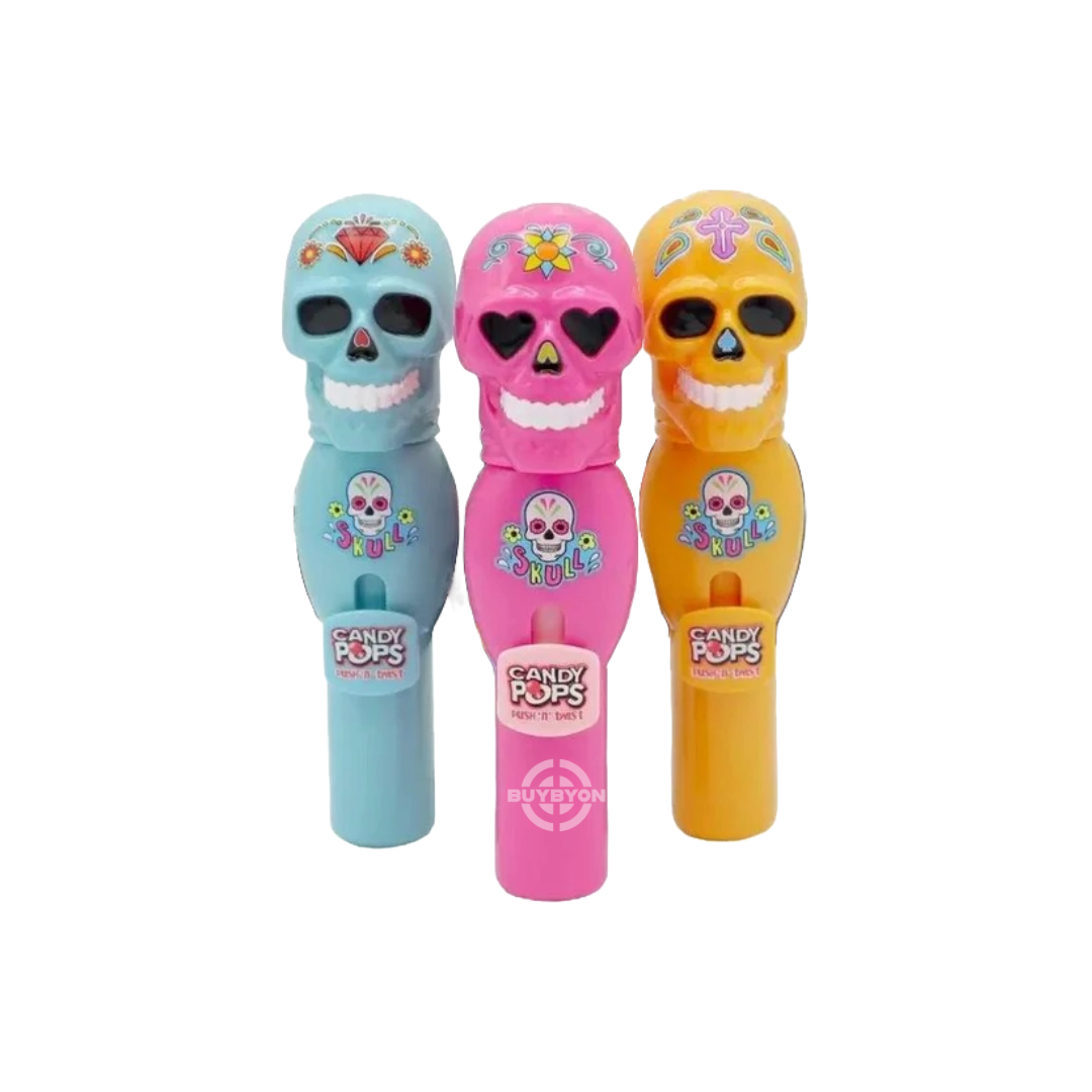 Candy Realms Skull Pops Push n Twist – 8g, featuring a creepy skull-shaped lollipop with a twist-and-push mechanism, perfect for Halloween treats and party favors.