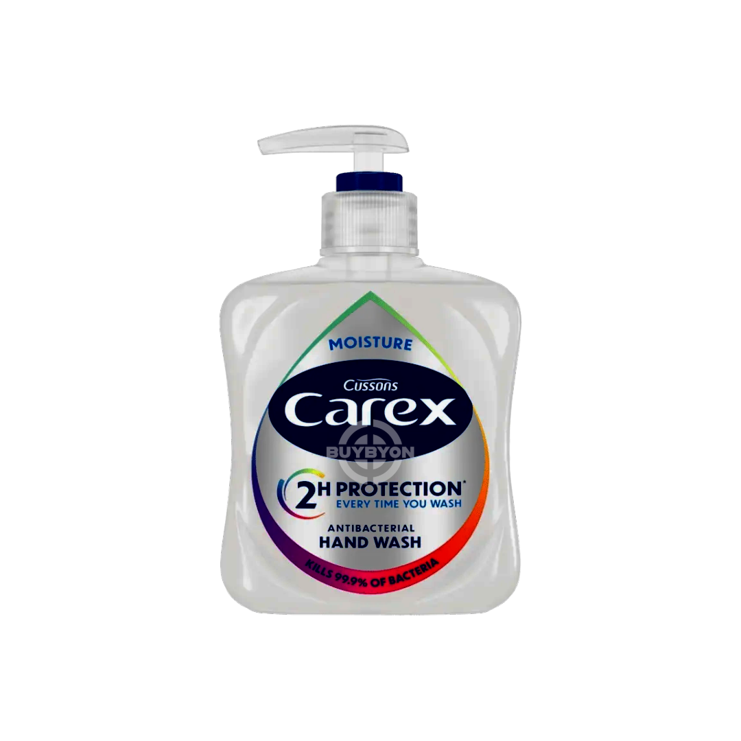 A 250ml bottle of Carex Moisture Antibacterial Hand Wash, featuring its blue packaging and highlighting its antibacterial and moisturising properties.