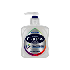 A 250ml bottle of Carex Moisture Antibacterial Hand Wash, featuring its blue packaging and highlighting its antibacterial and moisturising properties.