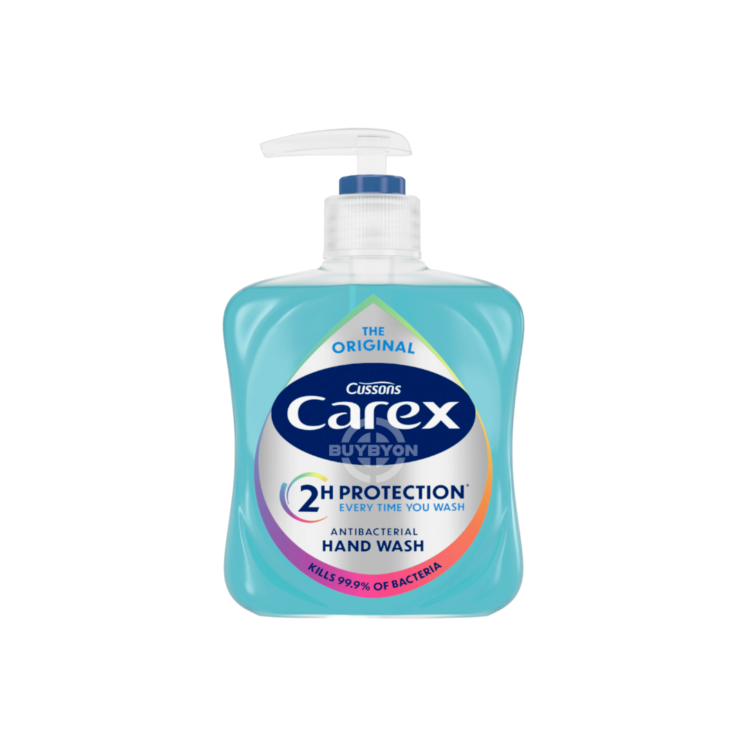 A 250ml bottle of Carex Original Antibacterial Hand Wash, featuring its iconic blue and white packaging, highlighting its antibacterial properties and suitability for everyday use.