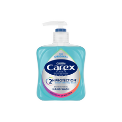 A 250ml bottle of Carex Original Antibacterial Hand Wash, featuring its iconic blue and white packaging, highlighting its antibacterial properties and suitability for everyday use.