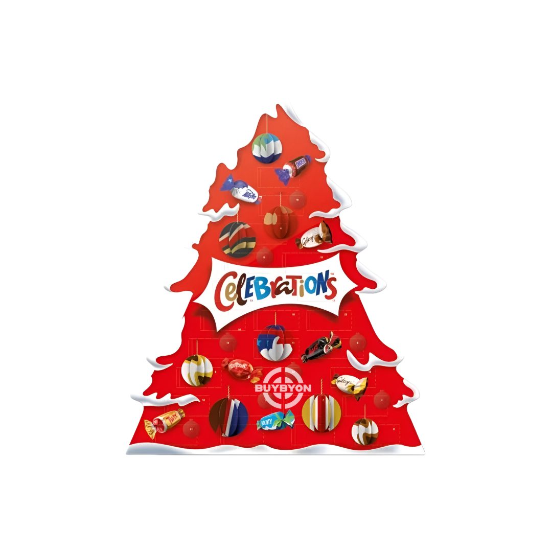 Celebrations Chocolate Christmas Tree Advent Calendar - 215g featuring a festive Christmas tree design with a variety of mini chocolates.