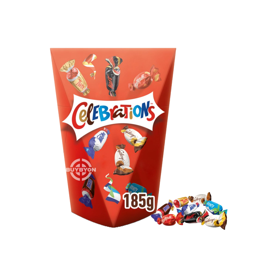 Celebrations Milk Chocolate Selection Box - 185g, featuring mini chocolate and biscuit bars like Mars, Snickers, Galaxy, perfect for sharing.