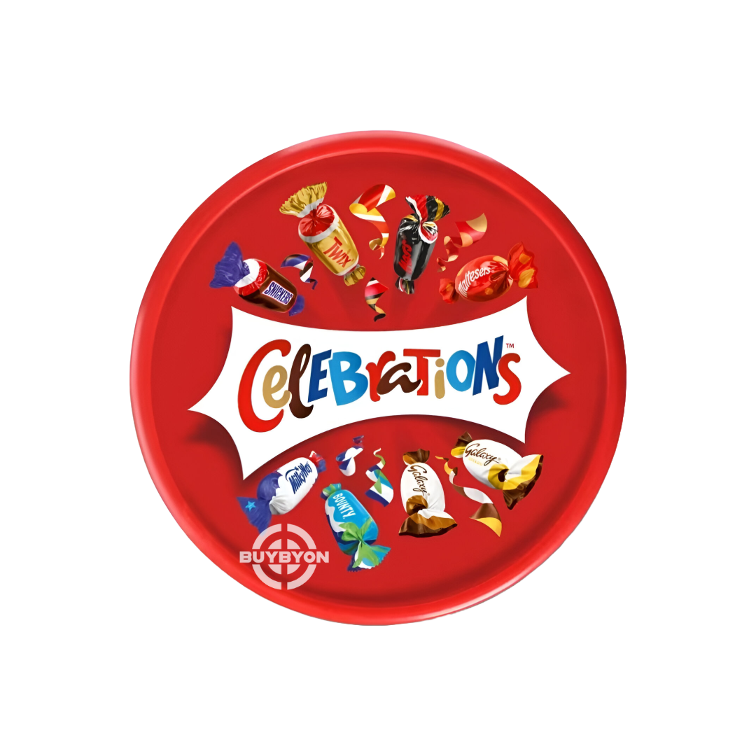 Celebrations Milk Chocolate & Biscuit Bars Sharing Tub - 550g featuring an assortment of mini chocolate and biscuit bars in a resealable tub.