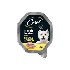 Cesar Classic Terrine Dog Food Tray with Chicken &amp; Turkey - 150g, featuring a tender loaf-style terrine ideal for balanced nutrition, available at Buybyon.co.uk