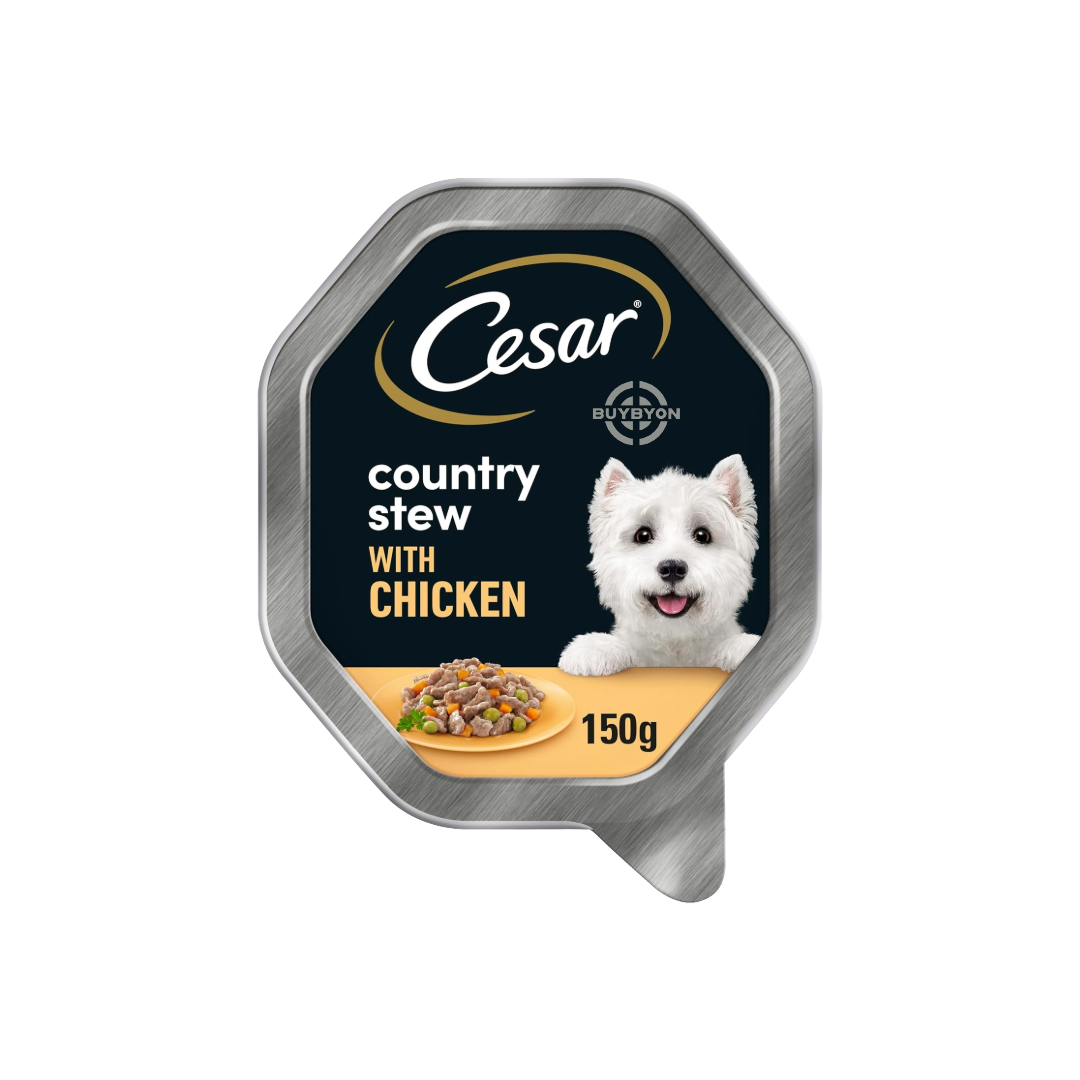 Cesar Country Stew Adult Wet Dog Food Tray with Chicken &amp; Veg in Gravy - 150g, featuring tender chicken and vegetables in a rich gravy, ideal for balanced nutrition, available at Buybyon.co.uk