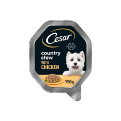 Cesar Country Stew Adult Wet Dog Food Tray with Chicken &amp; Veg in Gravy - 150g, featuring tender chicken and vegetables in a rich gravy, ideal for balanced nutrition, available at Buybyon.co.uk