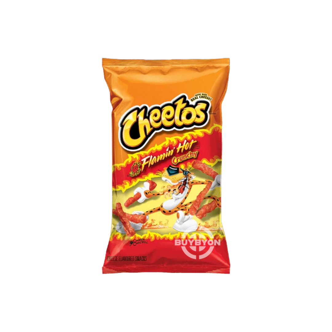 A 226.8g bag of Cheetos Crunchy Flamin' Hot, showcasing the bold, fiery snack with its vibrant packaging and the spicy, crunchy Cheetos inside.