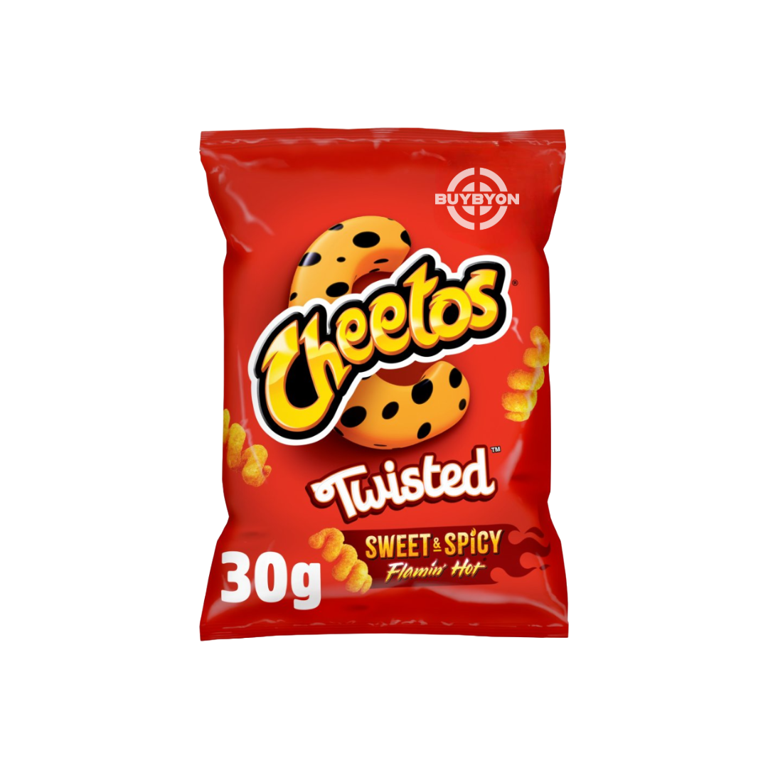 Cheetos Twisted Sweet &amp; Spicy Snacks Crisps - 30g pack, featuring crispy, twisted snacks with a unique sweet and spicy flavour. Ideal for on-the-go snacking or sharing with friends