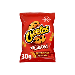 Cheetos Twisted Sweet &amp; Spicy Snacks Crisps - 30g pack, featuring crispy, twisted snacks with a unique sweet and spicy flavour. Ideal for on-the-go snacking or sharing with friends