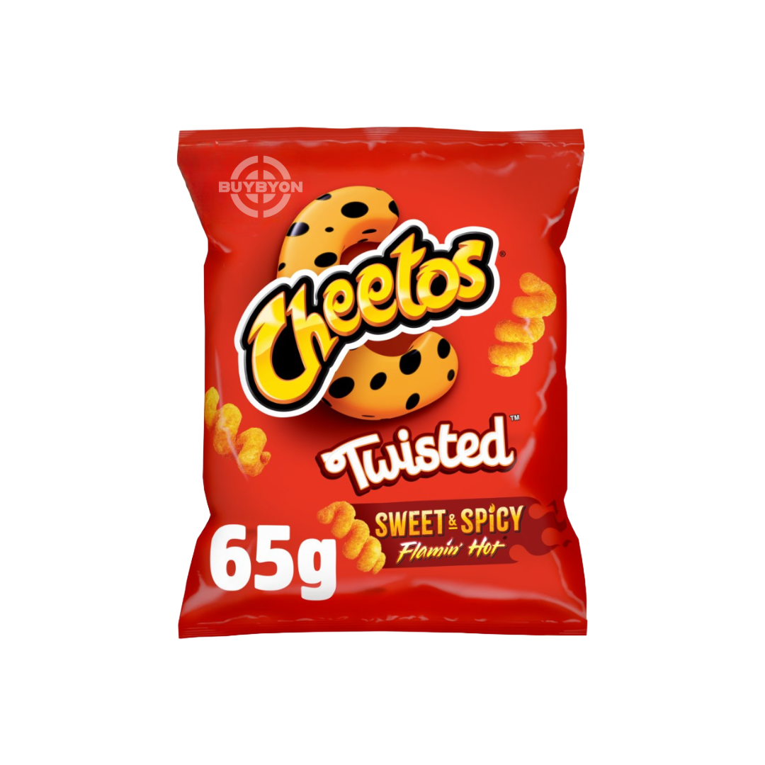 Cheetos Twisted Sweet &amp; Spicy Snacks Crisps - 65g pack, showcasing bold, twisted crisps coated with sweet and spicy seasoning. Perfect for a crunchy, flavour-packed snack