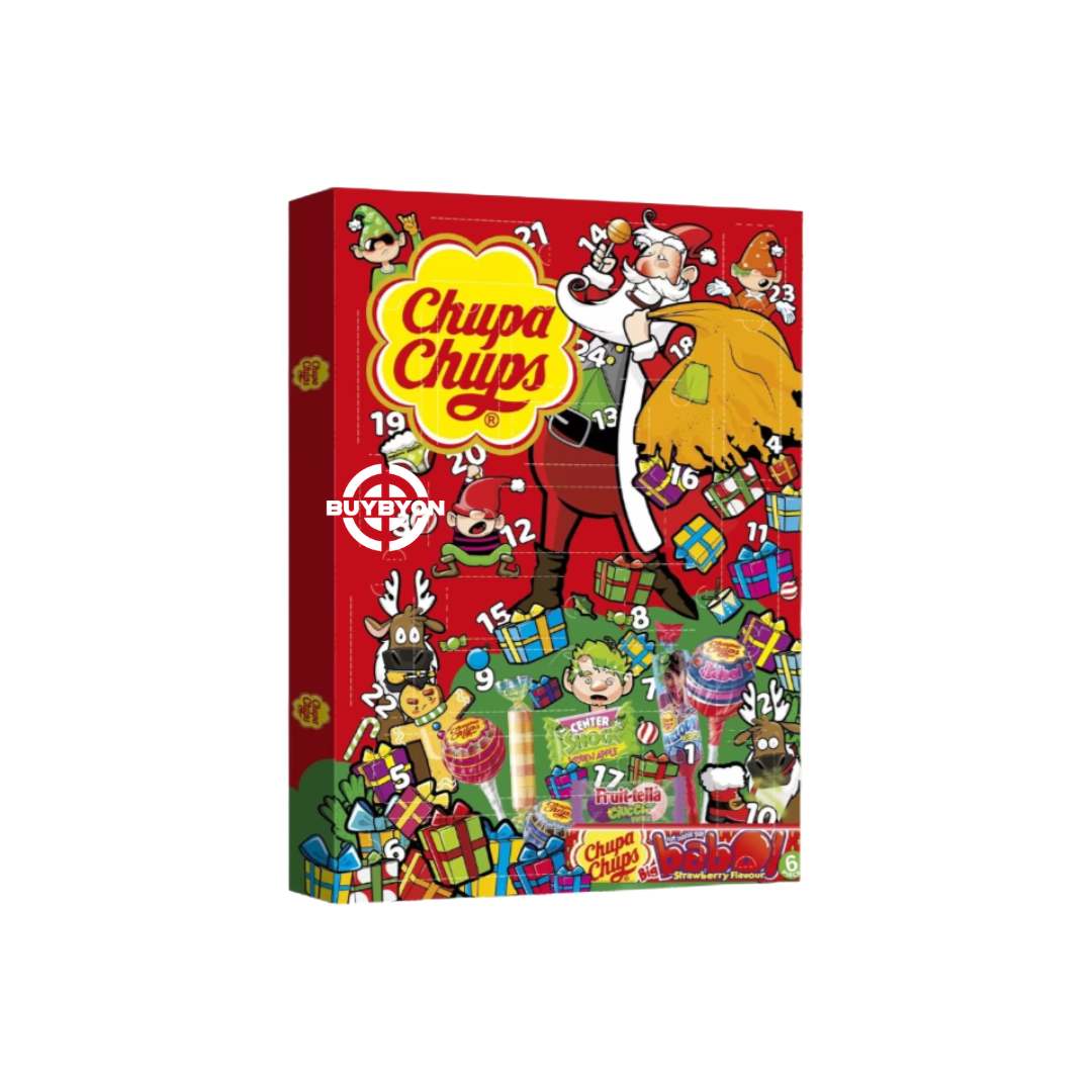 Chupa Chups Advent Calendar - 210g, featuring a festive calendar with 24 lollipop surprises in assorted fruity flavours.