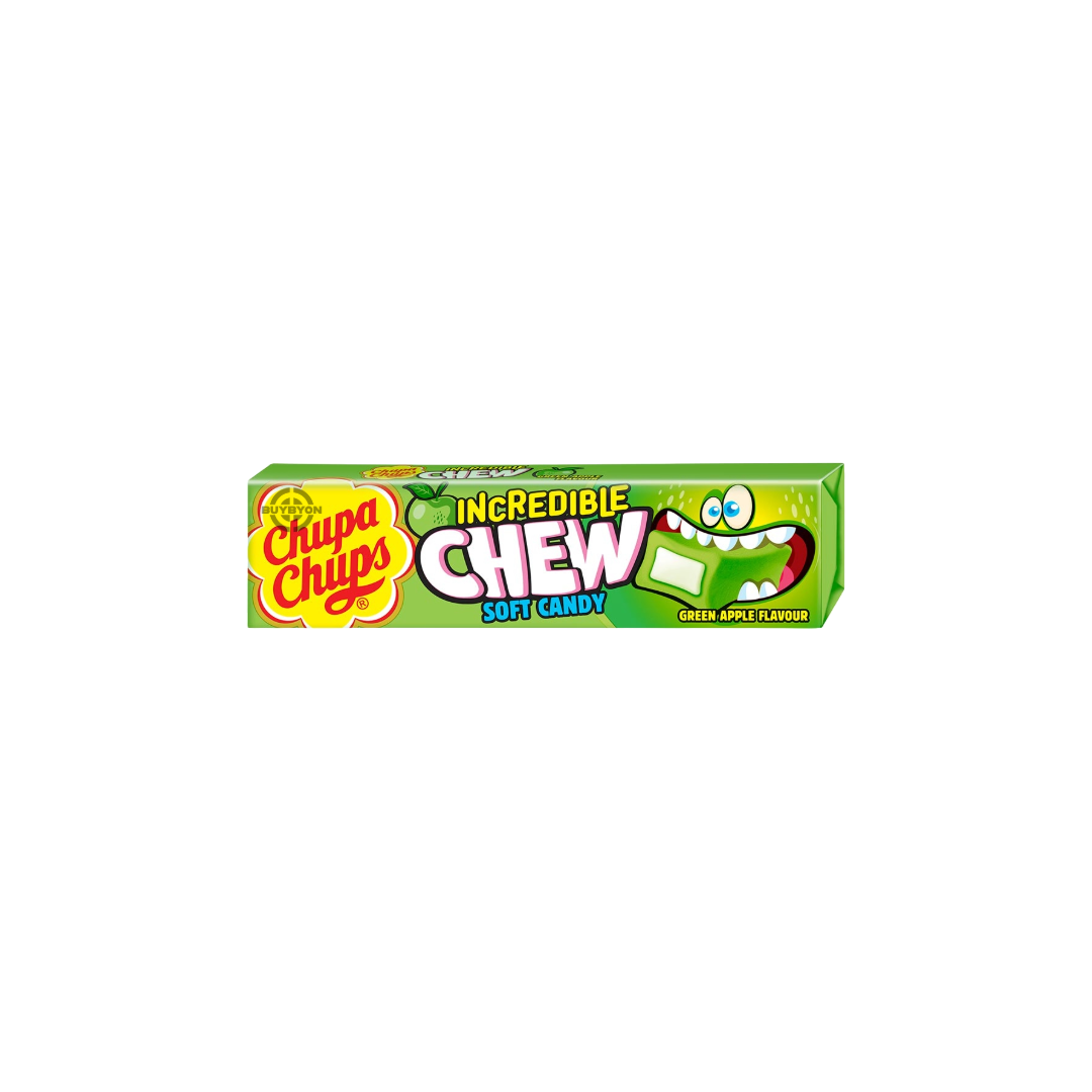 Chupa Chups Apple Incredible Chew Candy - 45g pack featuring chewy apple-flavoured candy.