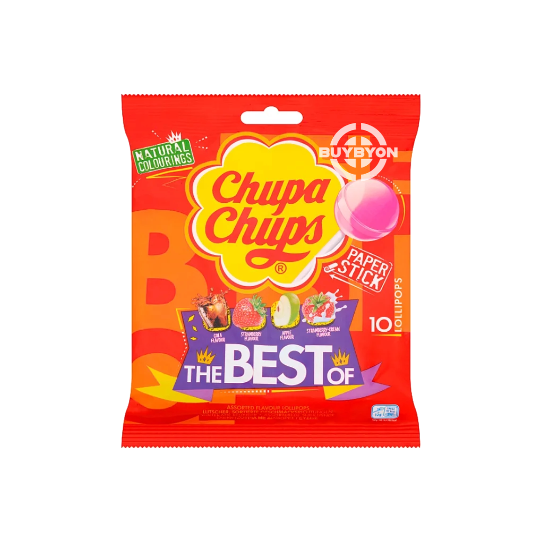 Chupa Chups Best Of Lollipops – 10 Pack featuring a variety of classic flavors like strawberry, cola, and more, perfect for sharing and snacking.