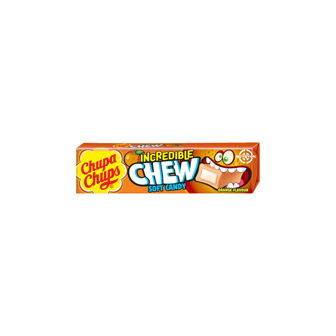 Chupa Chups Orange Incredible Chew Candy - 45g in bright packaging, featuring zesty orange flavour.