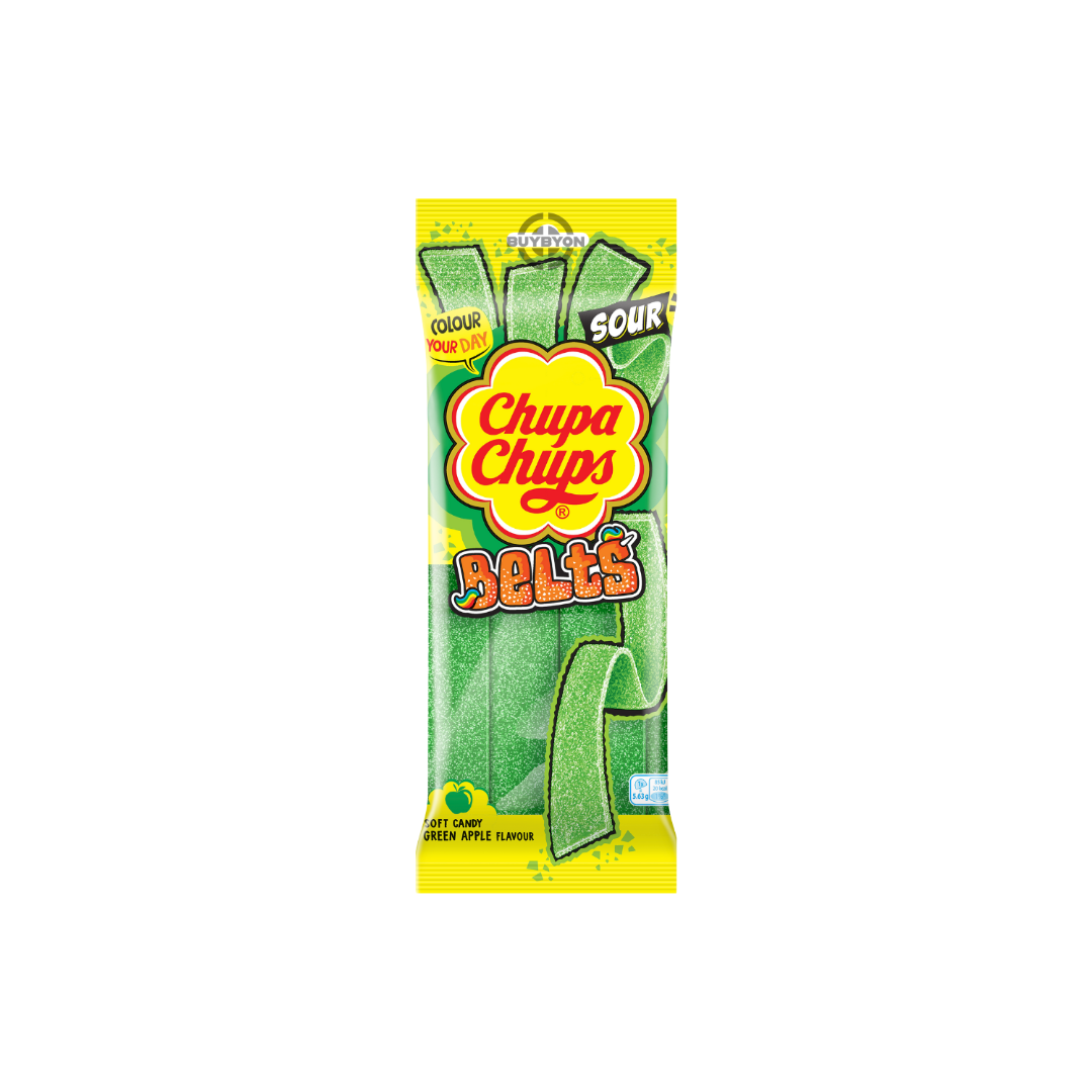 Chupa Chups Sour Apple Belts 90g pack featuring tangy apple-flavoured chewy belts.