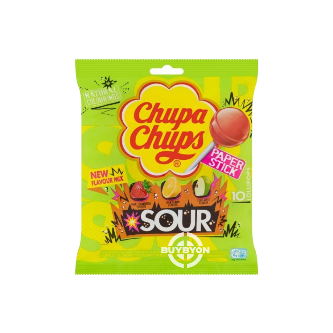 Chupa Chups Sour Lollies – 10 Pack featuring a selection of fruity and sour lollipops, perfect for sharing and enjoying on the go.