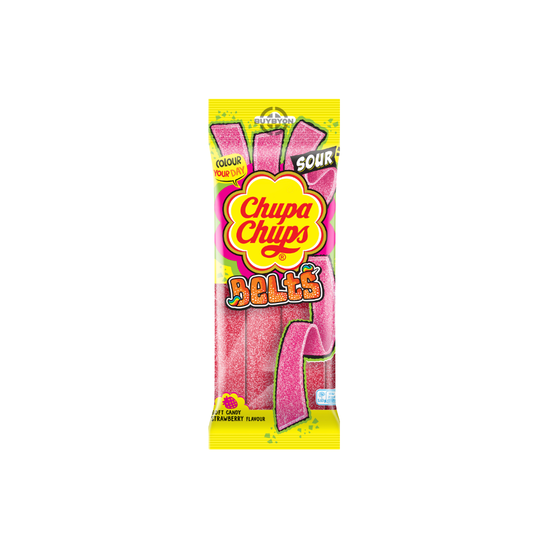 Chupa Chups Sour Strawberry Belts 90g pack with tangy strawberry-flavoured belts.