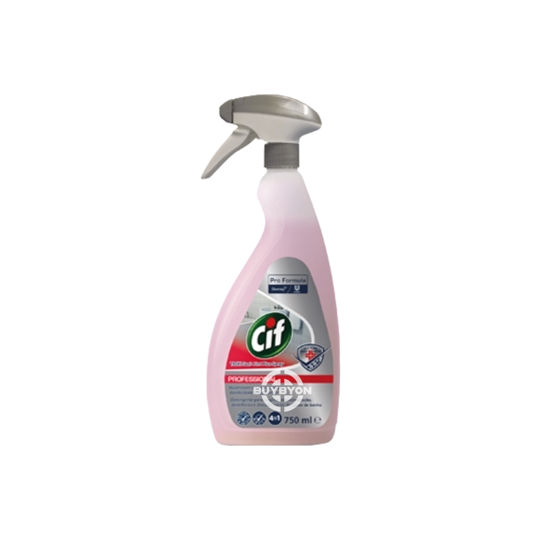 A 750ml bottle of Cif 4in1 Washroom Spray, highlighting its powerful cleaning capabilities and fresh scent, with packaging that emphasizes its 4-in-1 action for comprehensive bathroom cleaning.