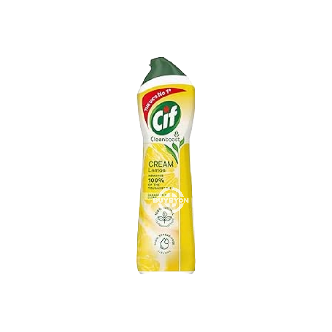 A 500ml bottle of Cif Cream Cleaner Lemon, showcasing its bright yellow packaging and highlighting its powerful cleaning capabilities and fresh lemon scent.