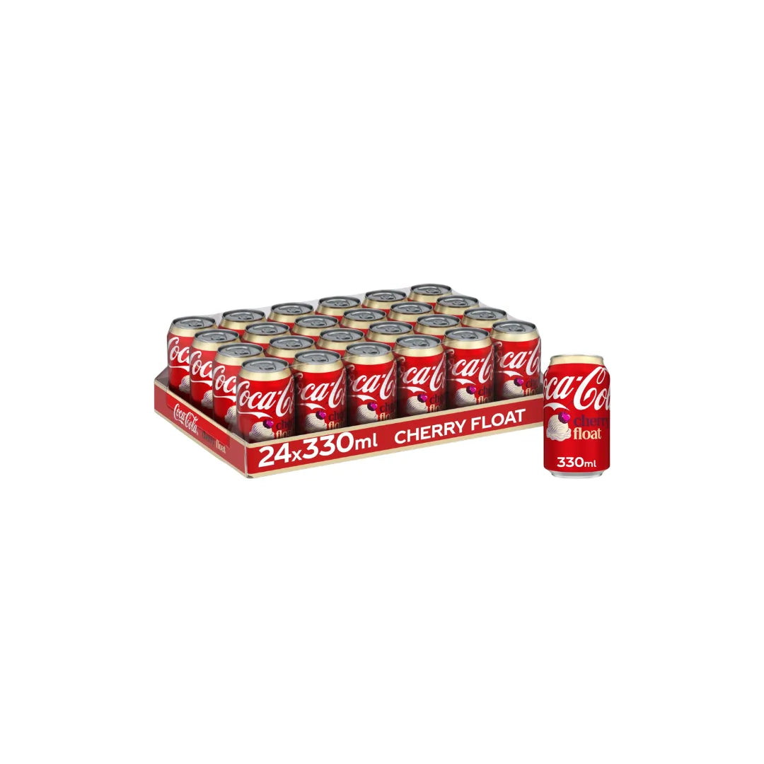 Packaging of Coca-Cola Cherry Float cans on a white background