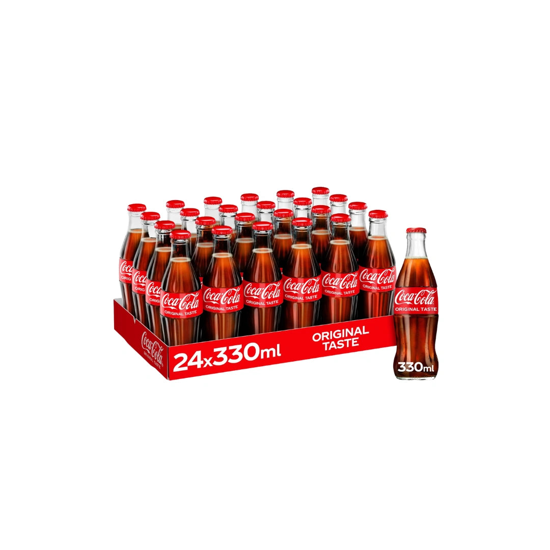 case of 24 Coca Cola Original Taste Glass 330ml Bottle in white back ground 