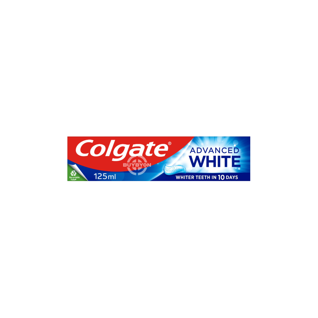 A 125ml tube of Colgate Advanced White Teeth Whitening Toothpaste, featuring its packaging that highlights its whitening and enamel-strengthening benefits.