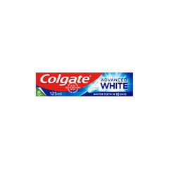 A 125ml tube of Colgate Advanced White Teeth Whitening Toothpaste, featuring its packaging that highlights its whitening and enamel-strengthening benefits.