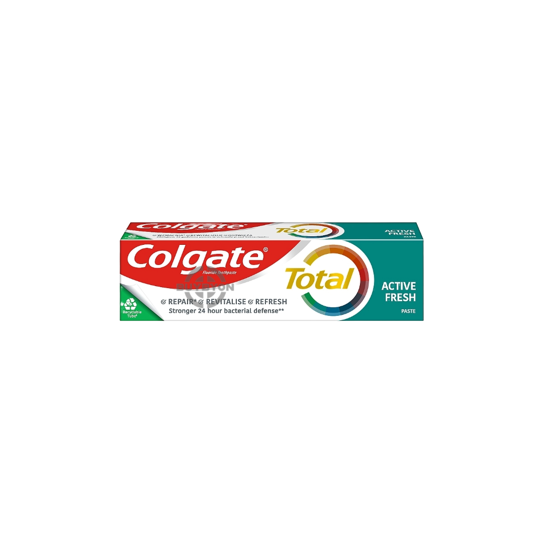 A 75ml tube of Colgate Total Active Fresh Toothpaste, showcasing its packaging that highlights its 12-hour protection and fresh breath benefits.