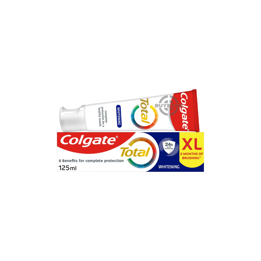 A 125ml tube of Colgate Total Whitening Toothpaste, showcasing its packaging that highlights its 12-hour protection and whitening benefits.