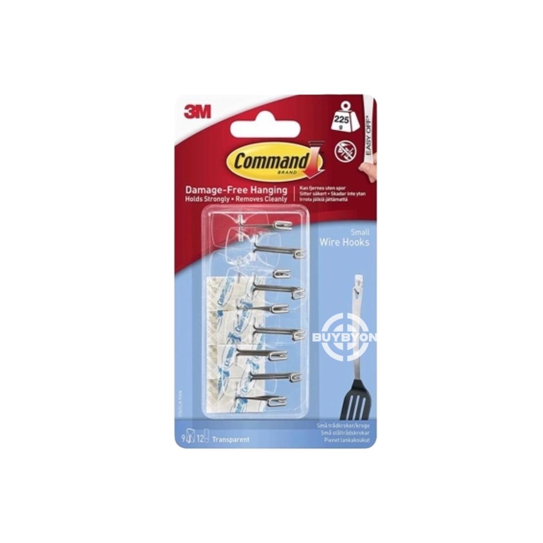 Command Clear Wire Hanger Hook - Pack of 9 Hooks and 12 Adhesive Strips, shown in use for hanging cables and keys.