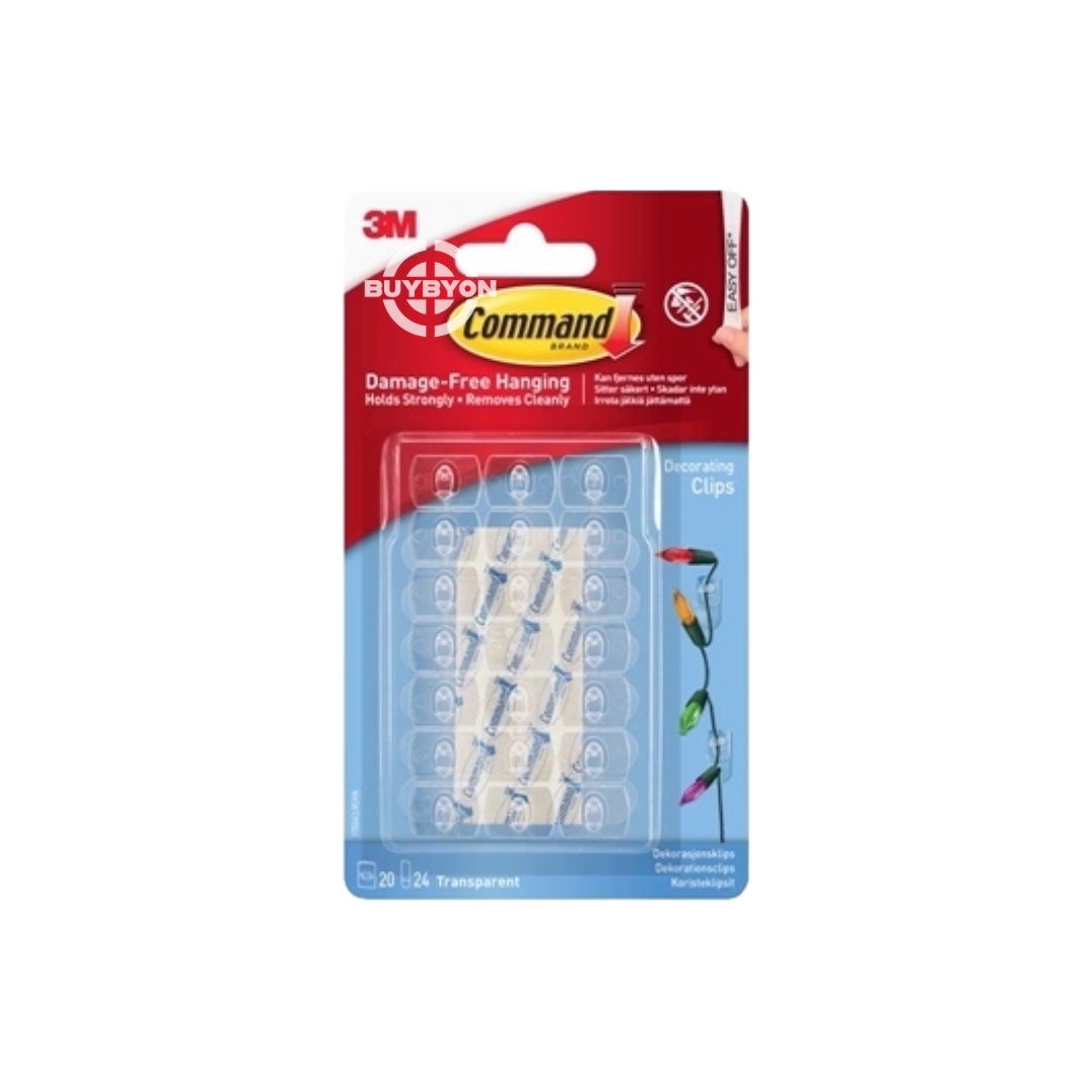 Command Decorating Clips Clear - Pack of 20, shown on packaging and demonstrating versatility.