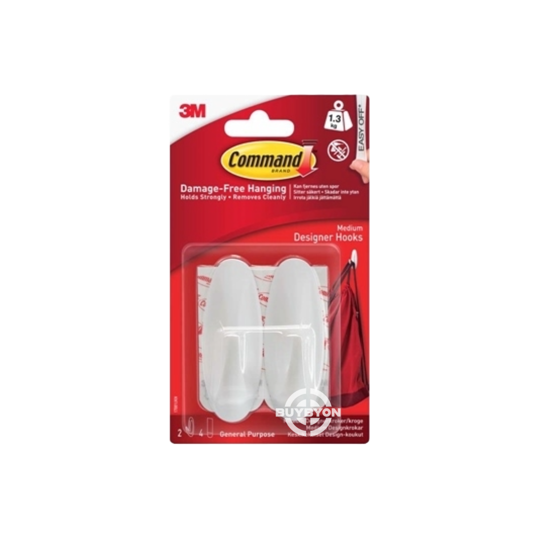 Command Medium Designer Hook White - Pack of 2 Hooks and 4 Adhesive Strips, shown in use for hanging keys and small accessories.