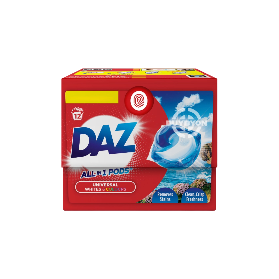 A 200.4g box of Daz Universal Whites &amp; Colours detergent, showcasing its compact size and vibrant packaging that highlights its dual-purpose cleaning power.