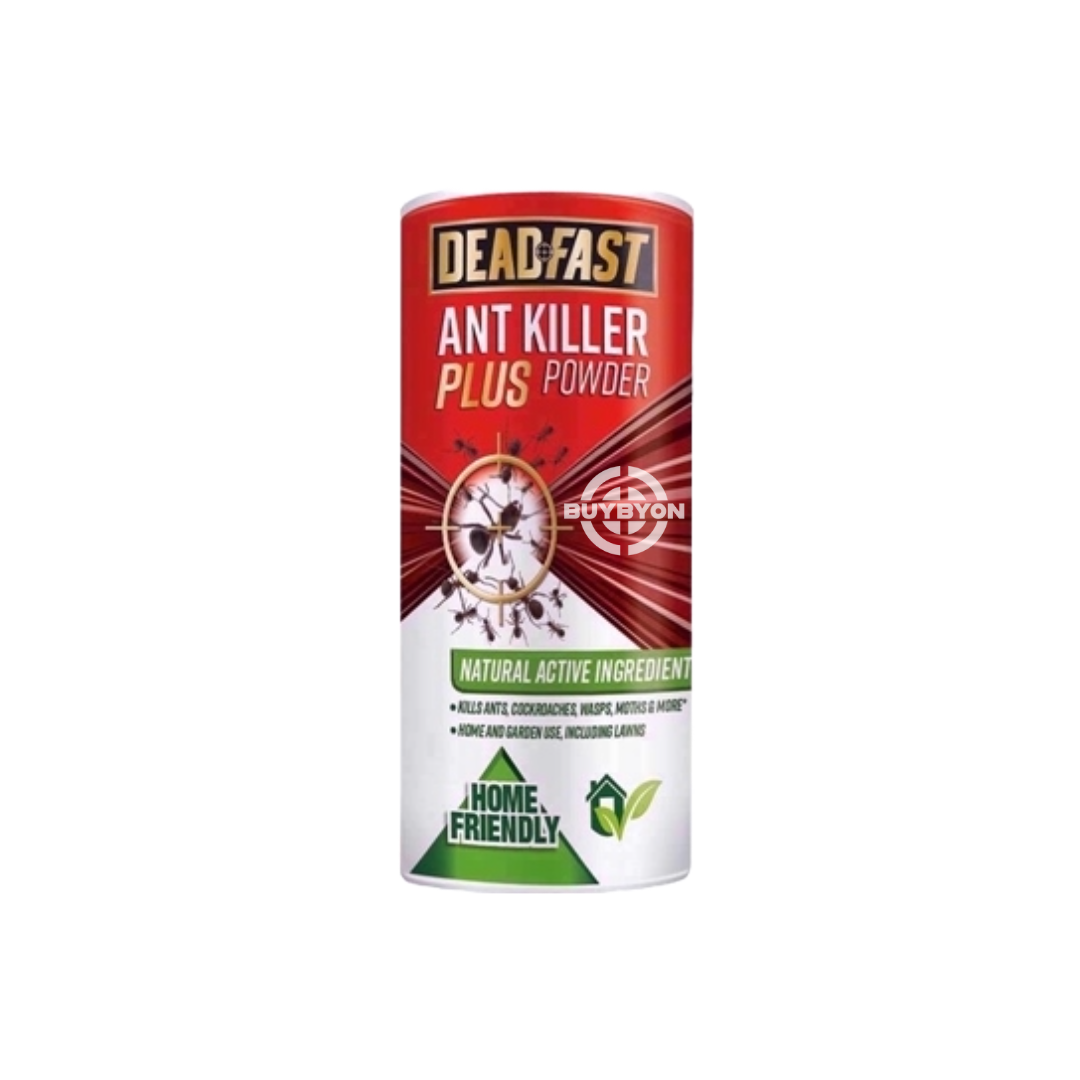 Deadfast Ant Killer Plus Powder - 150g, featuring a powerful formula designed to attract and kill ants, including their colonies, for effective pest control both indoors and outdoors.