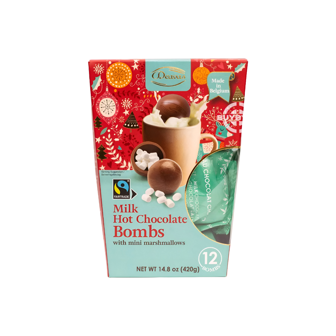 Deavas Milk Hot Chocolate Bombs - Pack of 12, 420g featuring smooth, milk chocolate bombs that melt into hot chocolate, ideal for winter evenings and gifting.