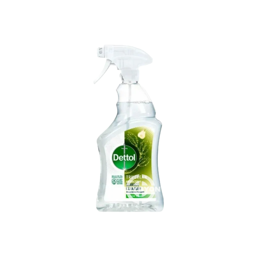 Image of a 440ml bottle of Dettol Antibacterial Surface Cleanser. The label emphasizes its antibacterial action, non-bleach formula, and suitability for food preparation areas and baby equipment.