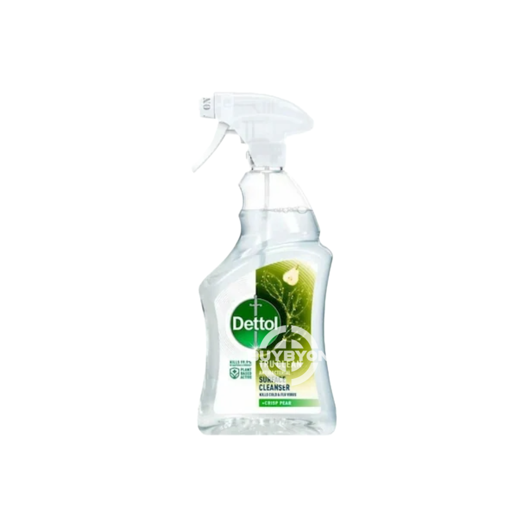 Image of a 750ml bottle of Dettol Antibacterial Surface Cleanser. The packaging highlights its ability to kill 99.9% of bacteria and viruses, non-bleach formula, and large size for extended use.