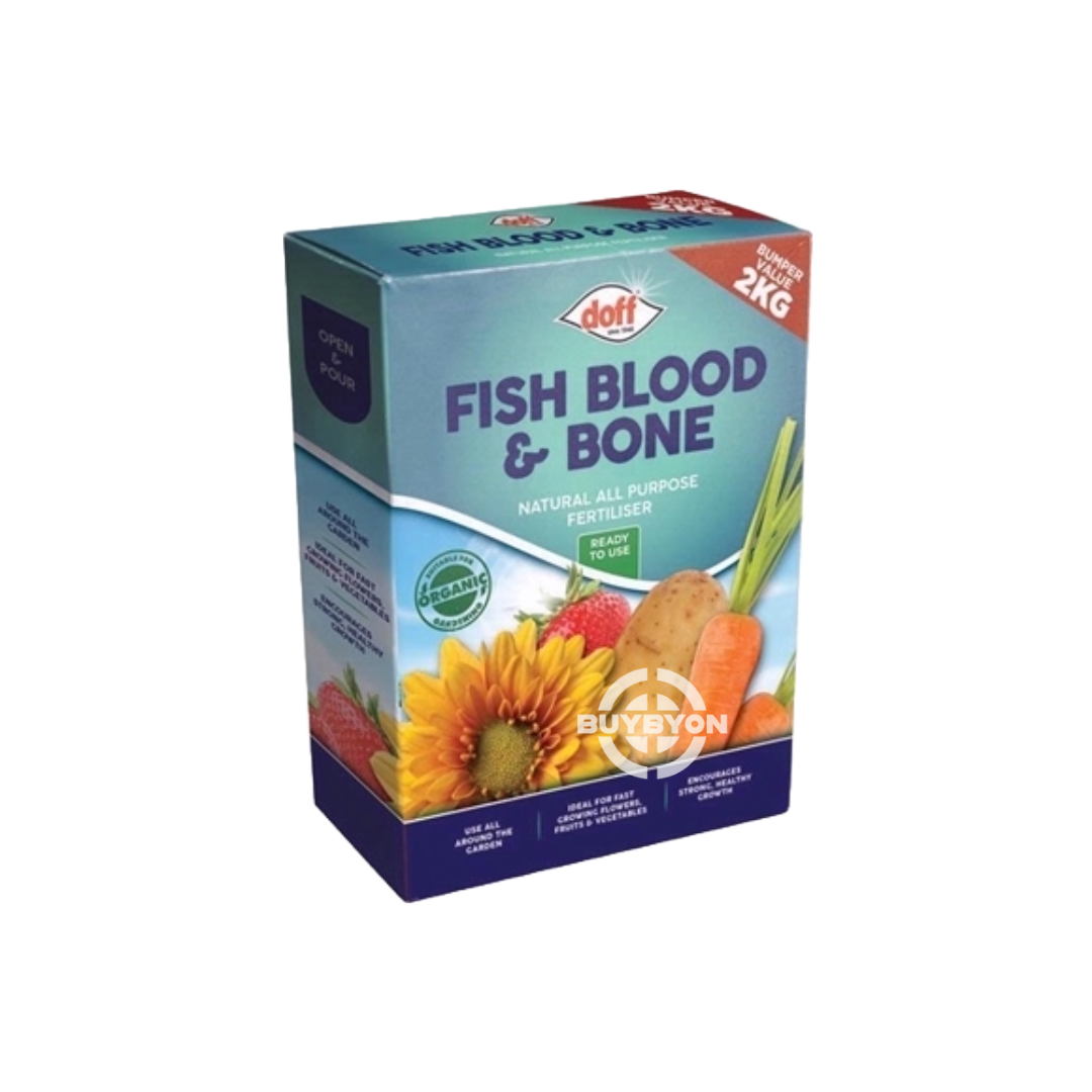 Doff Blood Fish Bone Fertiliser - 2kg, featuring an organic blend of blood meal, fish meal, and bone meal to provide balanced nutrition for robust plant growth and vibrant blooms.