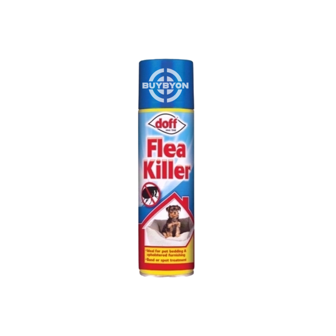 Doff Flea Killer Spray - 200ml, featuring an effective formula designed to target fleas and larvae on carpets and upholstery, providing quick relief from flea infestations.