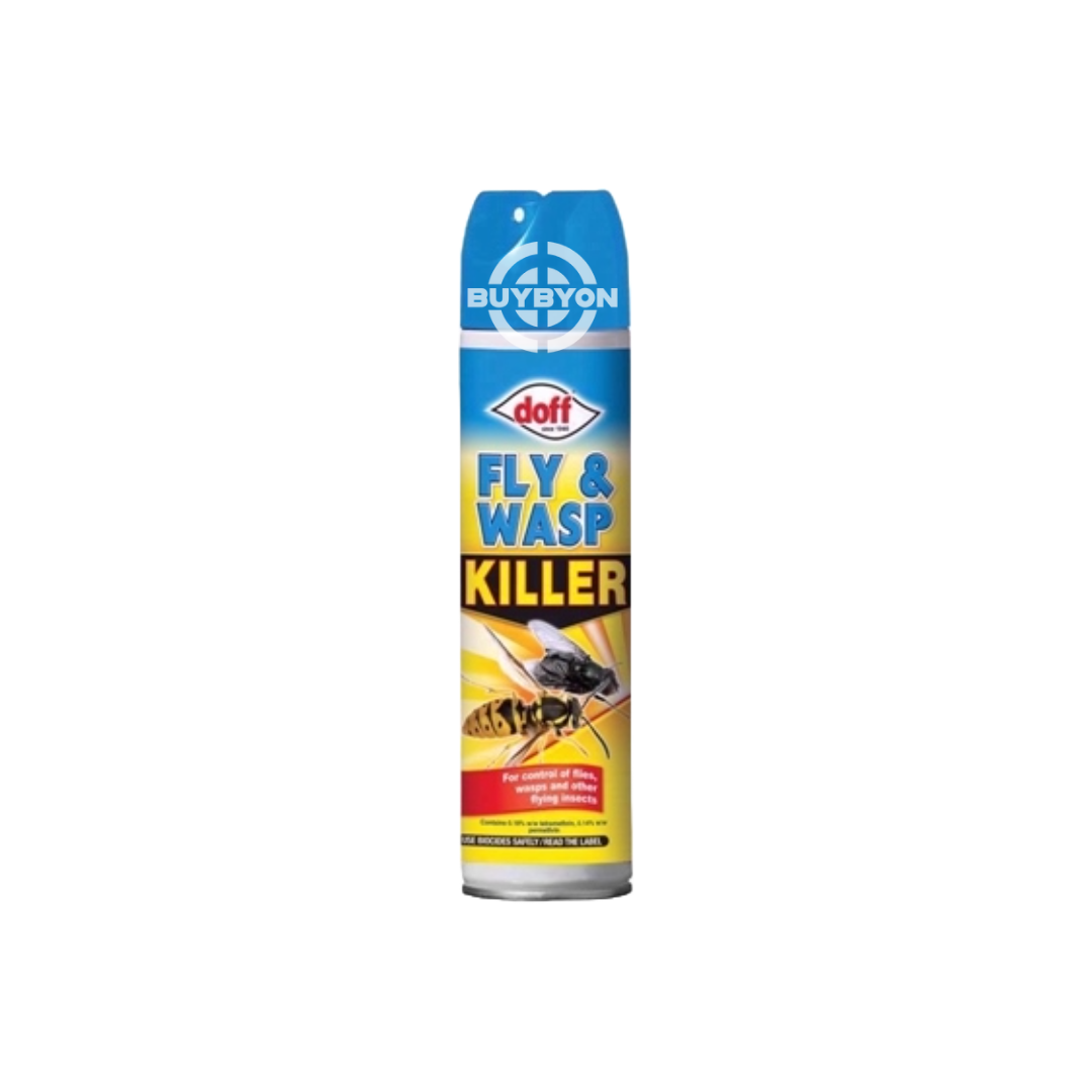 Doff Fly Wasp Killer - 300g, featuring an aerosol spray designed to quickly eliminate flies and wasps, providing effective pest control for both indoor and outdoor environments.